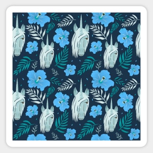 Unicorn and Hibiscus Blue Floral Pattern Sticker